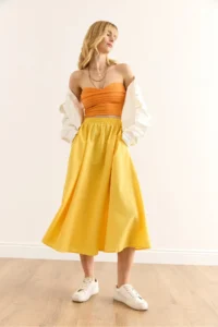 Olalook Women's Yellow Pocketed Elastic Waist Midi Woven Bell Skirt - Image 3