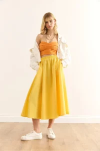Olalook Women's Yellow Pocketed Elastic Waist Midi Woven Bell Skirt - Image 4