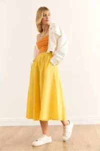 Olalook Women's Yellow Pocketed Elastic Waist Midi Woven Bell Skirt - Image 5