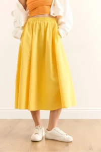 Olalook Women's Yellow Pocketed Elastic Waist Midi Woven Bell Skirt - Image 6