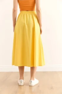 Olalook Women's Yellow Pocketed Elastic Waist Midi Woven Bell Skirt - Image 7