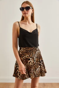 Olalook Women's Leopard Black Woven Viscose Mini Skirt with Shorts - Image 2