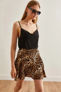 Olalook Women's Leopard Black Woven Viscose Mini Skirt with Shorts - Image 3