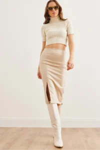 Olalook Women's Stone Slit Side Zipper Midi Faux Leather Skirt