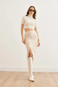 Olalook Women's Stone Slit Side Zipper Midi Faux Leather Skirt - Image 2