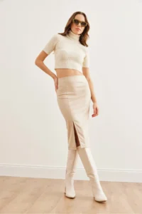 Olalook Women's Stone Slit Side Zipper Midi Faux Leather Skirt - Image 3