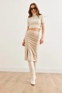 Olalook Women's Stone Slit Side Zipper Midi Faux Leather Skirt - Image 5