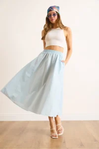 Olalook Women's Baby Blue Elastic Waist Parachute Bell Skirt - Image 4