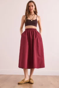 Olalook Women's Claret Red Elastic Waist Parachute Bell Skirt