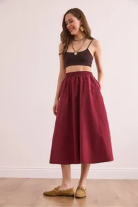 Olalook Women's Claret Red Elastic Waist Parachute Bell Skirt - Image 2