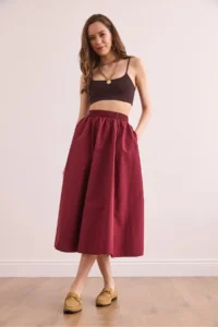 Olalook Women's Claret Red Elastic Waist Parachute Bell Skirt - Image 3