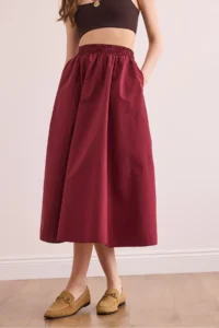 Olalook Women's Claret Red Elastic Waist Parachute Bell Skirt - Image 4