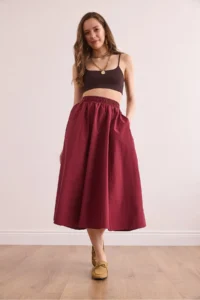 Olalook Women's Claret Red Elastic Waist Parachute Bell Skirt - Image 5