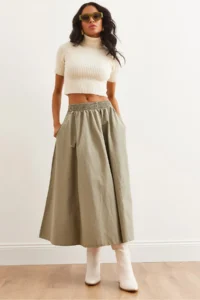 Olalook Women's Khaki Elastic Waist Parachute Bell Skirt