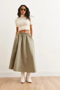Olalook Women's Khaki Elastic Waist Parachute Bell Skirt - Image 2