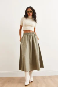Olalook Women's Khaki Elastic Waist Parachute Bell Skirt - Image 3