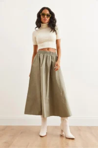 Olalook Women's Khaki Elastic Waist Parachute Bell Skirt - Image 5