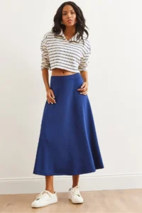 Olalook Women's Navy Blue Soft Textured Modal Effect Bell Skirt