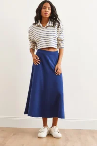 Olalook Women's Navy Blue Soft Textured Modal Effect Bell Skirt - Image 2