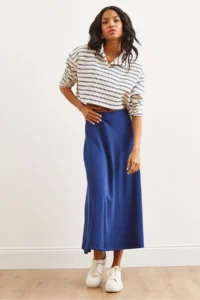 Olalook Women's Navy Blue Soft Textured Modal Effect Bell Skirt - Image 3
