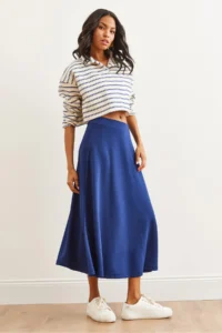 Olalook Women's Navy Blue Soft Textured Modal Effect Bell Skirt - Image 4