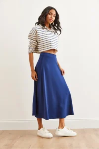 Olalook Women's Navy Blue Soft Textured Modal Effect Bell Skirt - Image 5