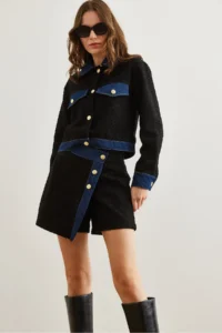 Olalook Women's Black Denim Button Detailed Chanel Shorts Skirt - Image 4