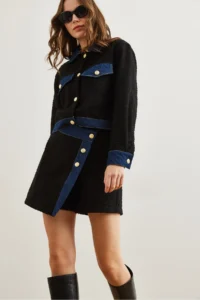 Olalook Women's Black Denim Button Detailed Chanel Shorts Skirt - Image 5