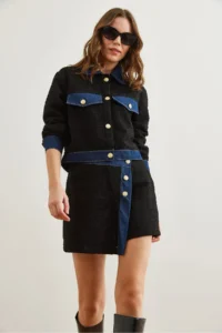 Olalook Women's Black Denim Button Detailed Chanel Shorts Skirt - Image 6