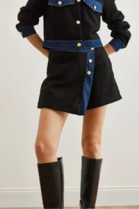 Olalook Women's Black Denim Button Detailed Chanel Shorts Skirt - Image 7