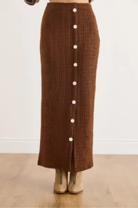 Olalook Women's Bitter Brown Elastic Waist Buttoned Slit Long Skirt - Image 3