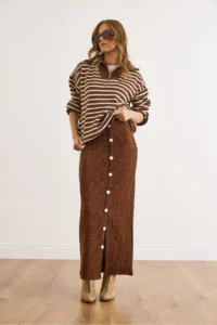 Olalook Women's Bitter Brown Elastic Waist Buttoned Slit Long Skirt - Image 4