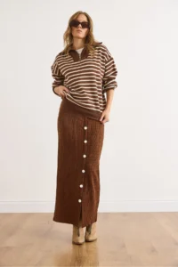 Olalook Women's Bitter Brown Elastic Waist Buttoned Slit Long Skirt - Image 5