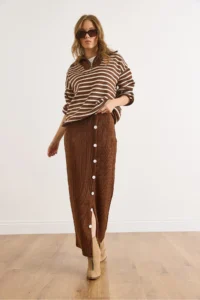 Olalook Women's Bitter Brown Elastic Waist Buttoned Slit Long Skirt - Image 6