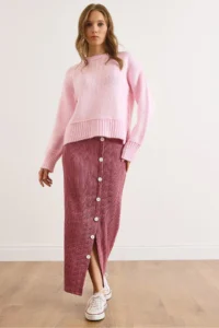 Olalook Women's Dusty Rose Elastic Waist Buttoned Slit Long Skirt
