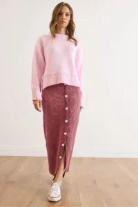 Olalook Women's Dusty Rose Elastic Waist Buttoned Slit Long Skirt - Image 3