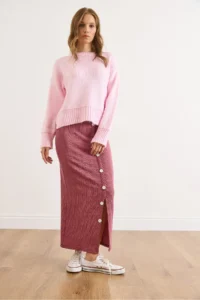 Olalook Women's Dusty Rose Elastic Waist Buttoned Slit Long Skirt - Image 6
