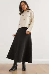 Olalook Women Black Maxi flared Puf Scuba Skirt