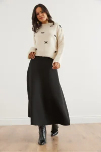 Olalook Women Black Maxi flared Puf Scuba Skirt - Image 2