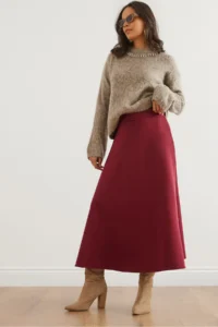 Olalook Women Burgundy Maxi flared Puf Scuba Skirt