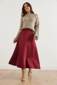 Olalook Women Burgundy Maxi flared Puf Scuba Skirt - Image 2