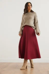 Olalook Women Burgundy Maxi flared Puf Scuba Skirt - Image 3