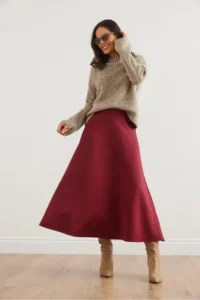 Olalook Women Burgundy Maxi flared Puf Scuba Skirt - Image 4
