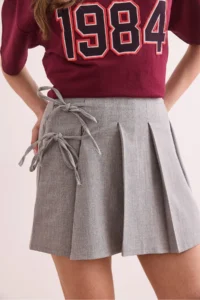 Olalook Women's Light Gray Side Tie Detailed Pleated Zippered Mini Skirt - Image 5