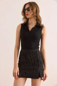 Olalook Women's Black Striped Mini Slit Skirt with Shorts - Image 2