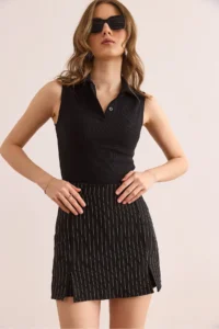 Olalook Women's Black Striped Mini Slit Skirt with Shorts - Image 3