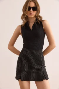 Olalook Women's Black Striped Mini Slit Skirt with Shorts - Image 5