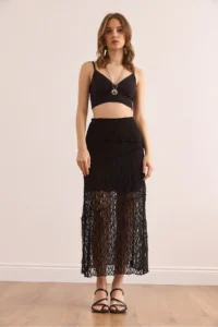 Olalook Women's Black Lined Asymmetrical Stitched Lace Skirt - Image 2