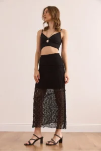 Olalook Women's Black Lined Asymmetrical Stitched Lace Skirt - Image 3