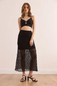 Olalook Women's Black Lined Asymmetrical Stitched Lace Skirt - Image 4